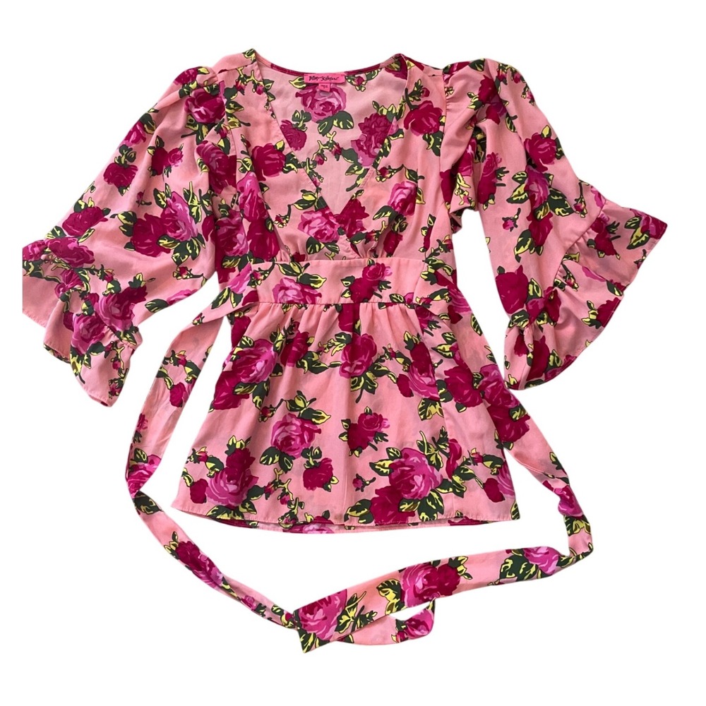 Betsey Johnson Blouse Pink Floral Bell Ruffle Sleeve Size S‎ Roses EUC